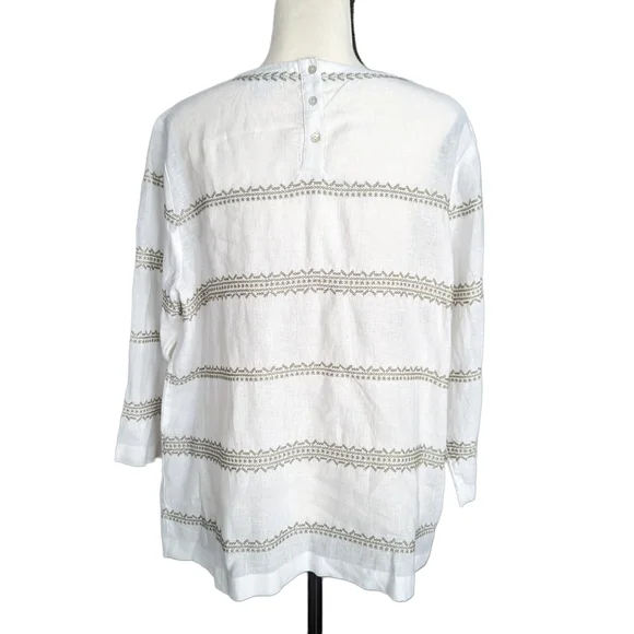 J Jill Love Linen Cross Stitch Casual Top White Sage Brush Size M - Picture 3 of 10